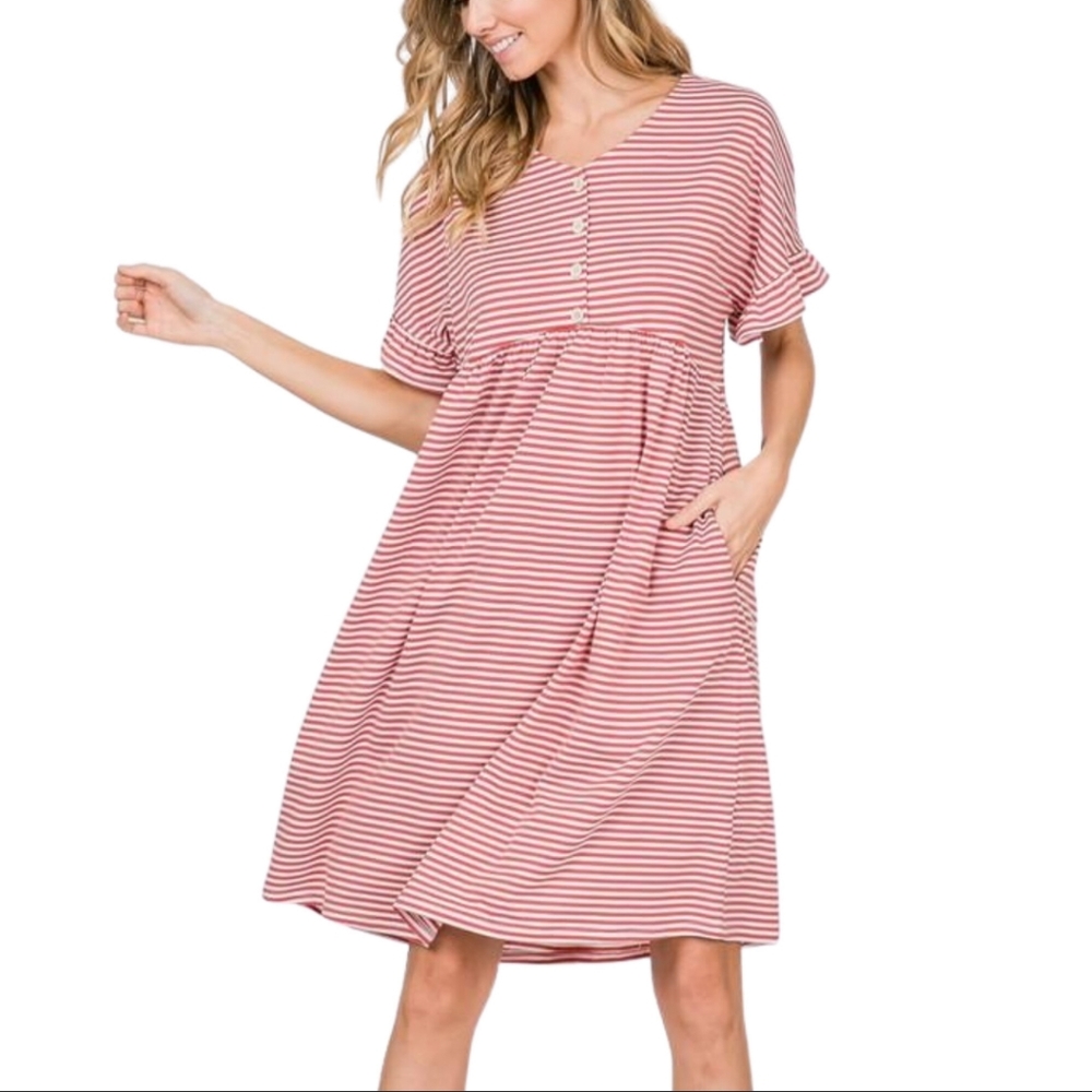 Ces Femme Rosy Pink & White Stripe Ruffle Sleeve Comfy Dress